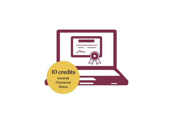 Certifcate in Evidence-Informed Practice icon of a laptop with a certificate and text overlay reading: 10 credits towards Chartered Status