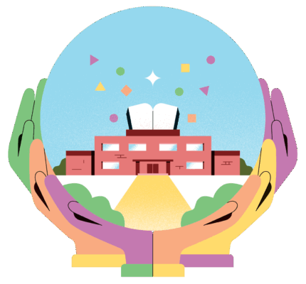 Animated graphic showing multiple hands of different colours together holding a globe shape with a school inside, the school has a large open book on its roof.