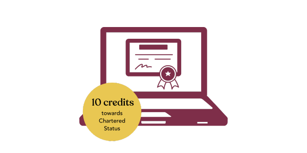 Certifcate in Evidence-Informed Practice icon of a laptop with a certificate and text overlay reading: 10 credits towards Chartered Status