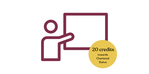 Expertise in Teaching Certificate icon of a teacher pointing towards a board and text overlay reading: 20 credits towards Chartered Status