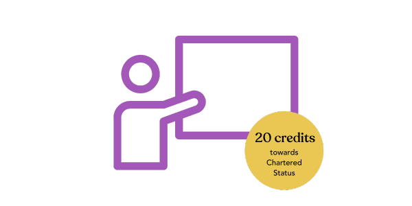 Mentoring Development Certificate icon of a teacher pointing towards a board and text overlay reading: 20 credits towards Chartered Status
