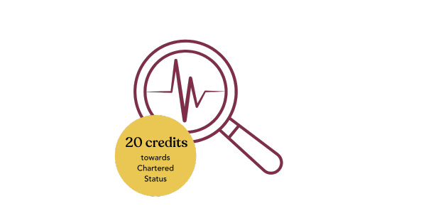 Education Research and Inquiry Certificate icon of a magnifying glass and text overlay reading: 20 credits towards Chartered Status