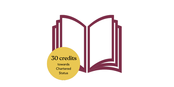 Professional Knowledge Award icon of a laptop with an open book and text overlay reading: 30 credits towards Chartered Status